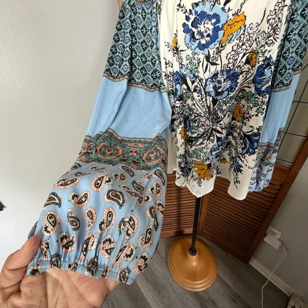 Free People Positano Printed Peasant Top Boho Prairie Cottage Flowy Size M